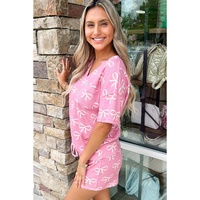 Pink Waffle Knit Bowknot Printed V Neck T Shirt and Shorts Set - M thumbnail