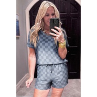 Gray Checkered V Neck Tee Drawstring Shorts Lounge Set - S thumbnail