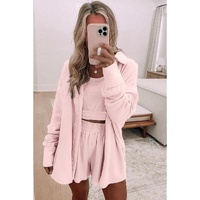 Light Pink 3 Pcs Crop Tank Top Shorts with Cardigan Lounge Set - S thumbnail