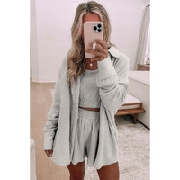 Gray 3 Pcs Crop Tank Top Shorts with Cardigan Lounge Set - L thumbnail