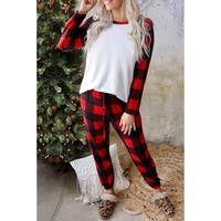 Red Plaid Raglan Sleeves Top and Drawstring Pants Lounge Set - M thumbnail
