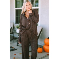 Brown Ribbed Knit Collared Henley Top and Pants Lounge Outfit - S thumbnail
