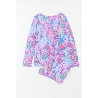 Sky Blue Floral Long Sleeve Top and Drawstring Shorts Set - M thumbnail