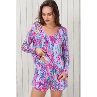 Purple Floral Long Sleeve Top and Drawstring Shorts Set - S thumbnail