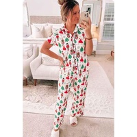 White Printed Christmas Pattern Buttoned Two Piece Sleepwear - M thumbnail