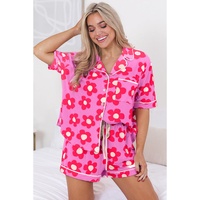 Pink Flower Print Short Sleeve Shirt Pajamas Set - L thumbnail