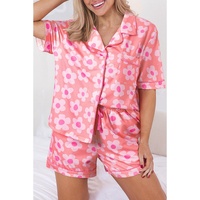Pink Flower Print Short Sleeve Shirt Pajamas Set - L thumbnail