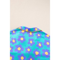 Green Flower Print Short Sleeve Shirt Pajamas Set - S thumbnail