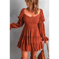 Brown Boho Solid Shirred Ruffle Mini Dress - L thumbnail