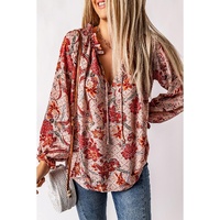Pink Split V Neck Printed Blouse - L thumbnail