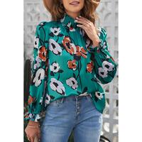 Azura Exchange Printed Smocked Mock Neck Blouse - S thumbnail