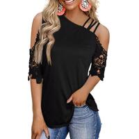 Azura Exchange Lace Splicing Strappy Cold Shoulder Top - S thumbnail