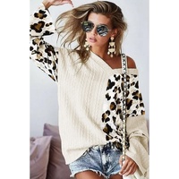 Beige Asymmetric Leopard Patchwork Wide Sleeve V Neck Sweater - S thumbnail