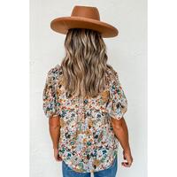 Azura Exchange Multicolor Split V Neck Flower Print Blouse - L thumbnail