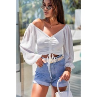 White Drawstring Front Sheer Puff Sleeve Crop Top - 2XL thumbnail