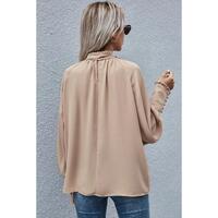 Azura Exchange Khaki Frilled Knotted Blouse with Bishop Sleeves - M thumbnail