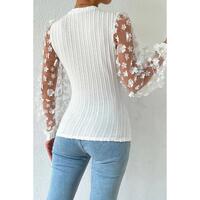 Azura Exchange Applique Mesh Sleeves Textured Knit Blouse - L thumbnail