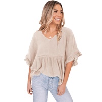 Azura Exchange Loose V Neck Top with Ruffled Lace Detail - L thumbnail