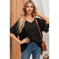 Azura Exchange Black Ruffled Lace Detail Loose V Neck Top - M thumbnail
