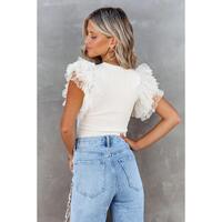 Azura Exchange Dotty Mesh Ruffle Sleeve Ribbed Knit Top - L thumbnail