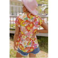 Azura Exchange Floral Flutter Sleeves Stand Collar Top - M thumbnail