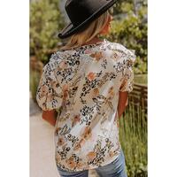 Azura Exchange Leopard Floral Print Puff Sleeve Blouse - L thumbnail