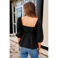 Azura Exchange Textured Square Neck Puff Sleeve Peplum Blouse - S thumbnail