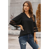 Black Flare Sleeve V Neck Loose Blouse - M thumbnail