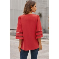 Red Flare Sleeve V Neck Loose Blouse - M thumbnail
