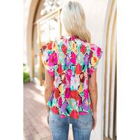 Azura Exchange Abstract Floral Print Frilled Neck Pleated Blouse - M thumbnail