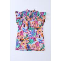 Azura Exchange Flutter Sleeves Smocked Neck Blouse with Floral Print - L thumbnail