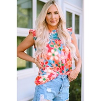 Pink Embroidered Detail Floral Print Ruffle Trim Tank Top - L thumbnail