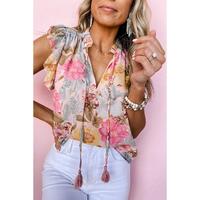Azura Exchange Printed Tassel Tie Short Sleeve Blouse - XL thumbnail