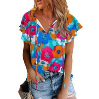 Azura Exchange Floral Print Drawstring V Neck Short Sleeve Blouse - M thumbnail