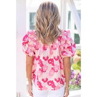 Azura Exchange Ruffled Floral Top with Split Neck and Puff Sleeves - M thumbnail
