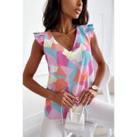 Azura Exchange Geometric Print V-Neck Pleated Cap Sleeve Top - XL thumbnail