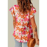 Azura Exchange Floral Ruffle Sleeve Blouse with Split V-Neck - L thumbnail