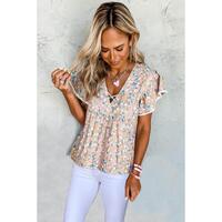 Azura Exchange Crisscross V Neck Ruffle Sleeve Printed Flowy Blouse - M thumbnail