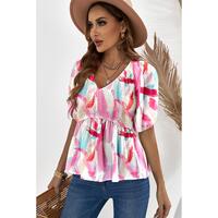 Azura Exchange Puff Sleeve Peplum Top with Abstract Print - M thumbnail