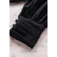 Black Padded Shoulder Buttoned Cuffs Pleated Loose Blouse - L thumbnail