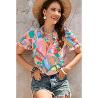 Azura Exchange Abstract Geometry Print Frilled V Neck Blouse - M thumbnail