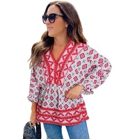 Red Geometric Print 3/4 Sleeve V-Neck Shirred Waist Flared Blouse - L thumbnail