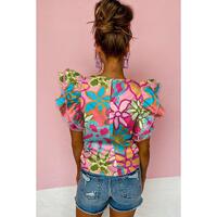 Azura Exchange Vibrant Floral Print Ruffle Sleeve Blouse - M thumbnail