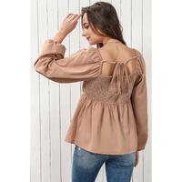 Azura Exchange Notched V-Neck Smocked Back Peplum Blouse - M thumbnail