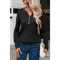 Black Trimmed Neckline Waffle Knit Henley Top - L thumbnail