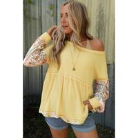 Azura Exchange Floral Patchwork Waffle Knit Babydoll Blouse - L thumbnail