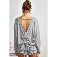 Azura Exchange Gray V Cut Drawstring Back Waffle Knit Top - S thumbnail