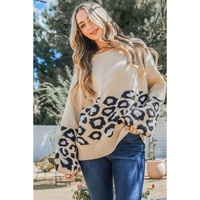 Khaki Leopard Patchwork Knitted Puff Sleeve Sweater - L thumbnail