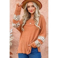 Apricot Leopard Splicing Exposed Seam Waffle Knit Top - S thumbnail