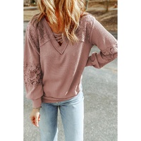 Pink Lace Waffle Patchwork Strappy V Neck Long Sleeve Top - M thumbnail